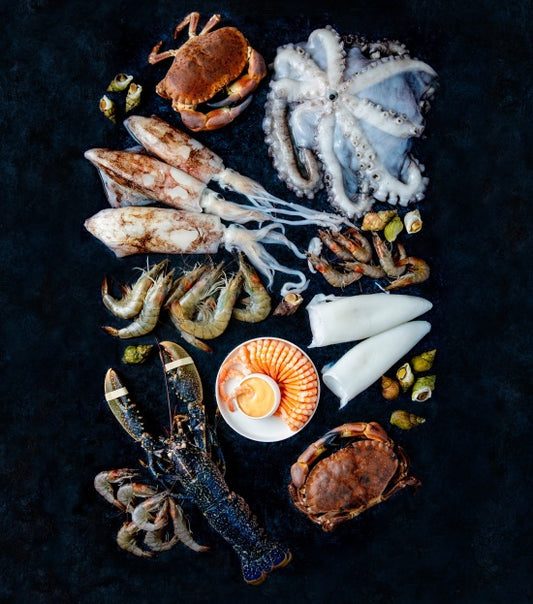 Prawns, shellfish, crustaceans and cephalopods